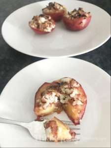 Broiled peach halves topped with blue cheese and bacon