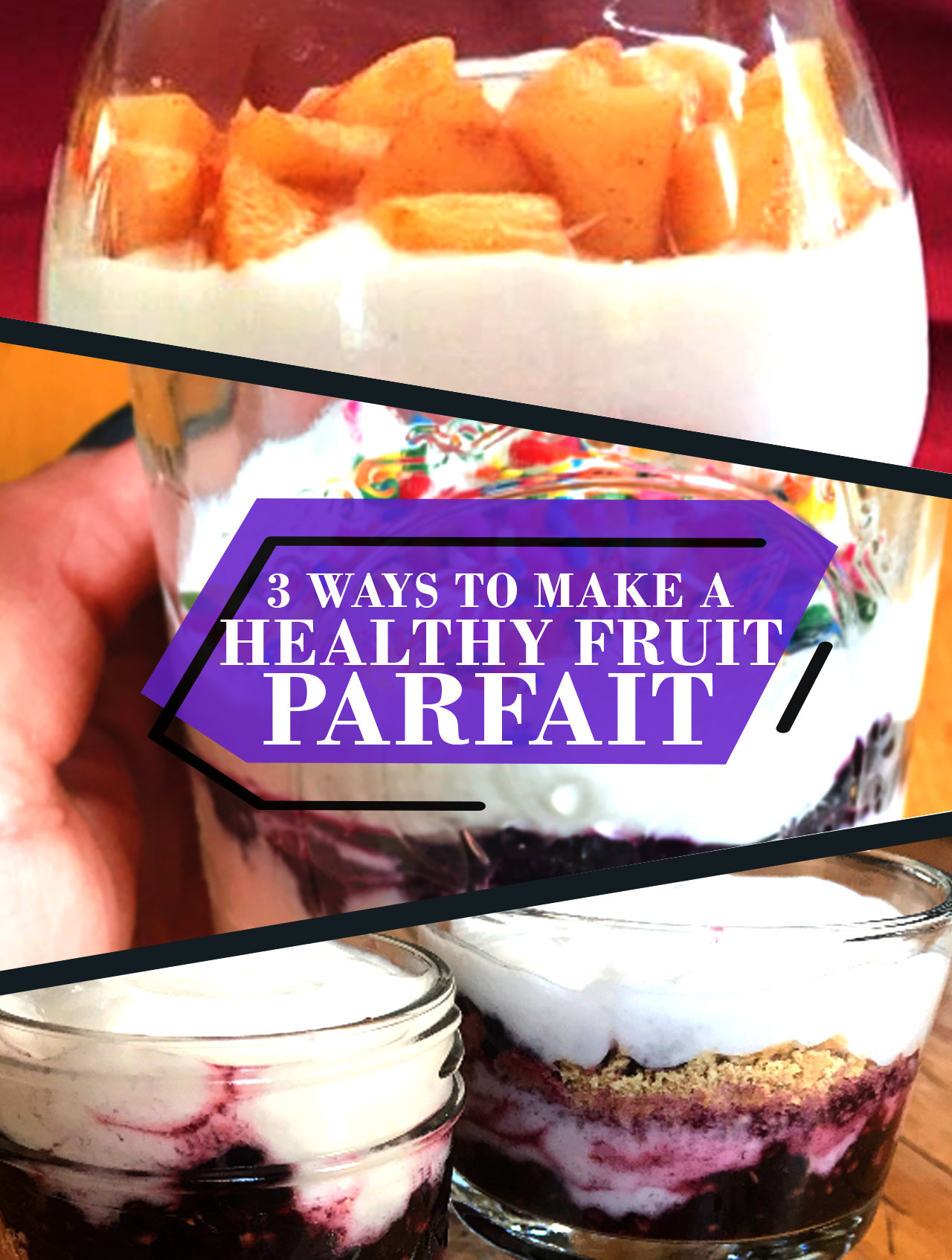 3 different parfaits with fruit and yogurt