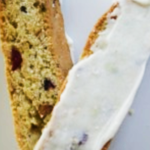 Cranberry Pistachio Biscotti with a White Chocolate Glaze